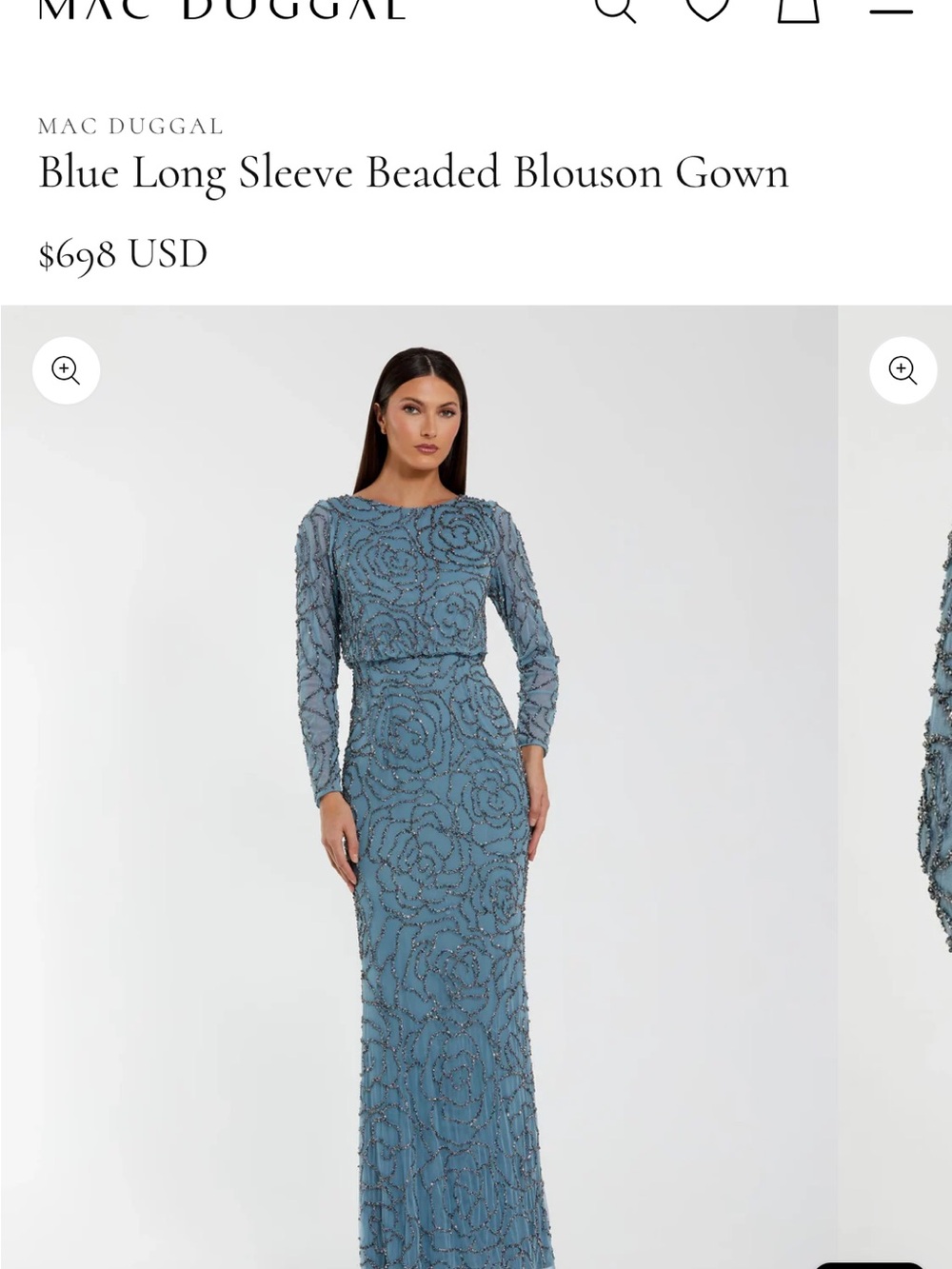 Mac Duggal Teal Blue Long Sleeve Beaded Gown